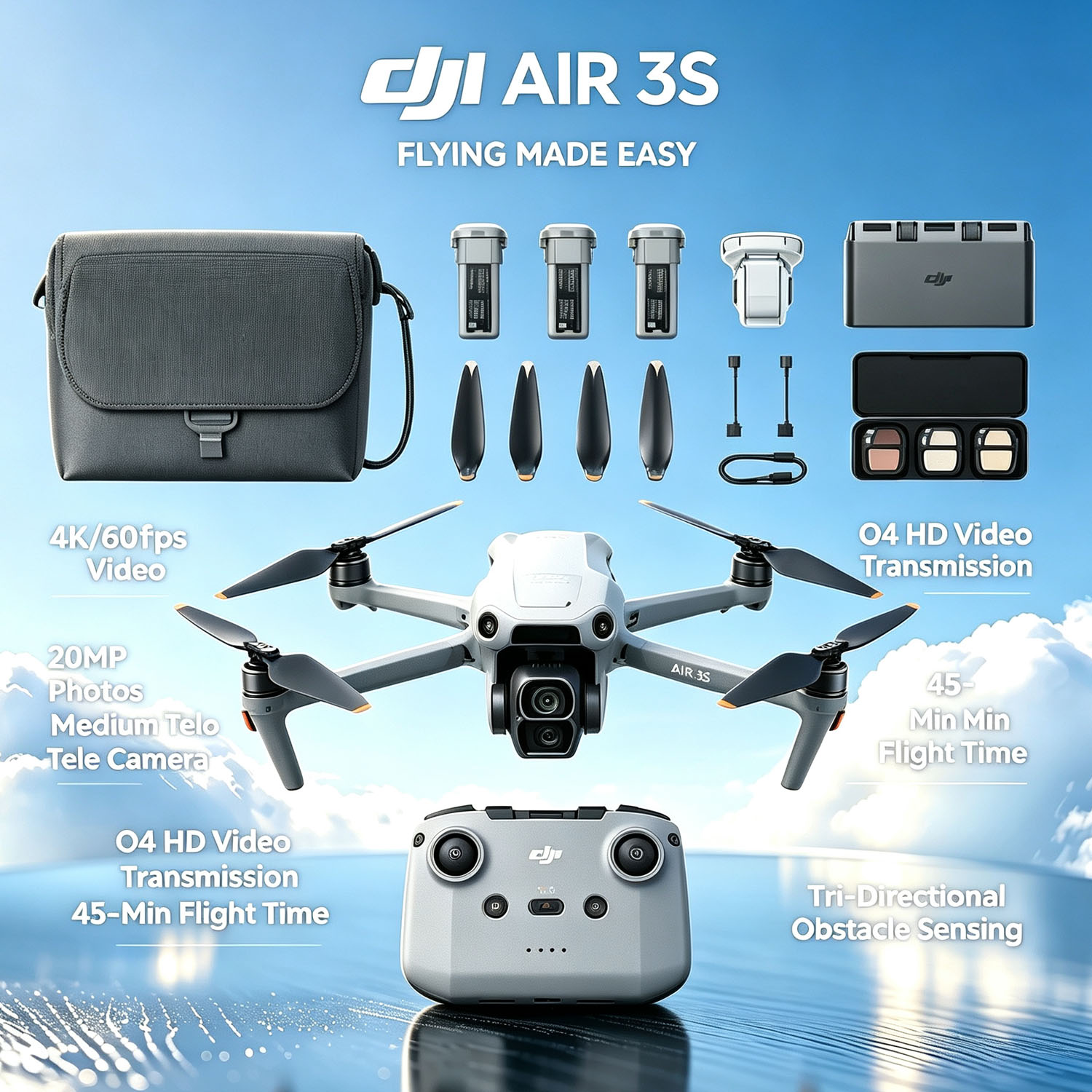 Drone Rc N3 3 Batteries - DJI Air 3S Fly Moreコンボ（RC-N3）、1インチCMOS広角＆中望遠カメラ搭載ドローン、4K/60fps HDR動画、夜景全方向障害物検知、3つのバッテリーで飛行時間延長