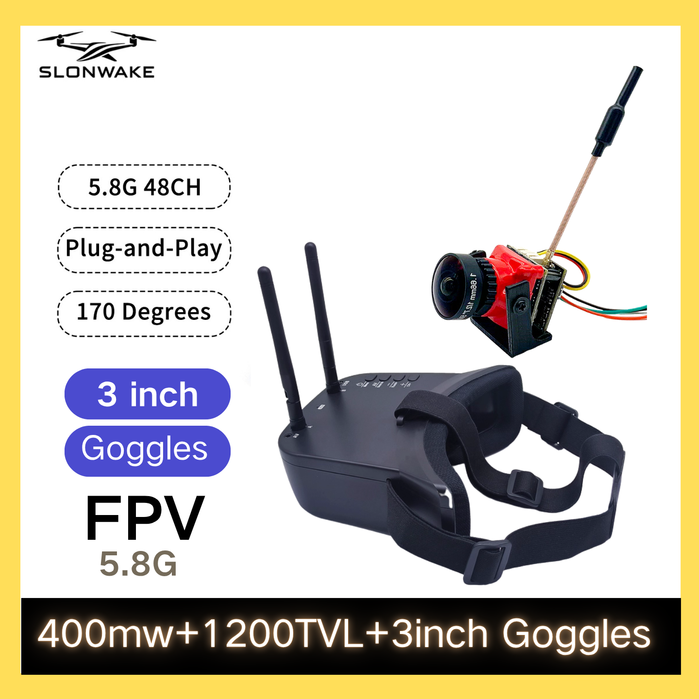 Drone Rc Airplane - SLONWAKE 5.8G 48CH FPV 400mw VTX、1200TVLカメラ、3インチモニター付き、レーシングドローン、RCカー、模型飛行機、固定翼ドローンアクセサリー用